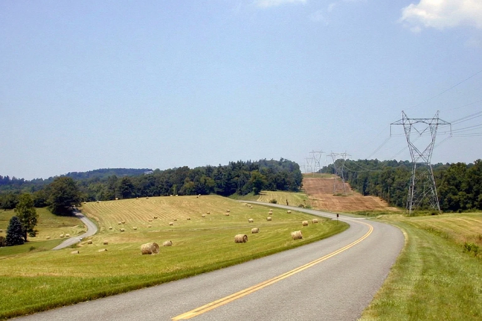 Illustration of a high-voltage transmission corridor cut through Blue Ridge forest