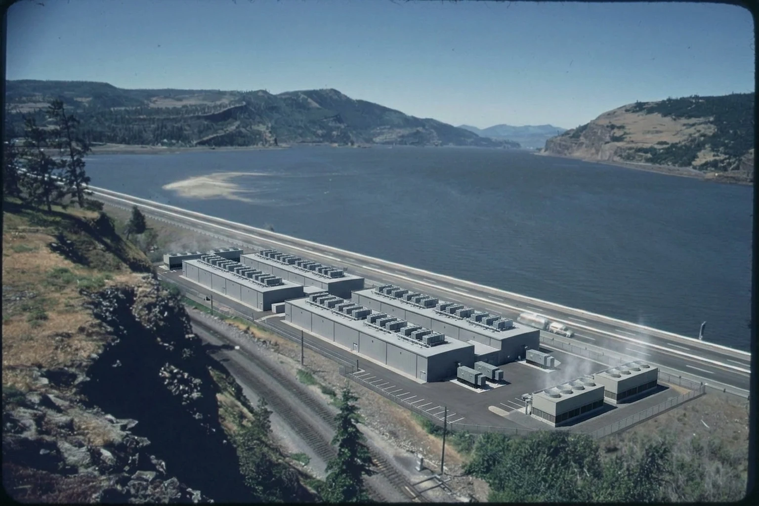 Illustration of a data center campus built along the bank of the Columbia River Gorge