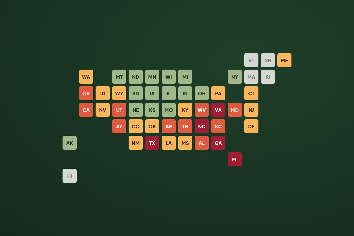 A US map shading states by data center environmental pressure.