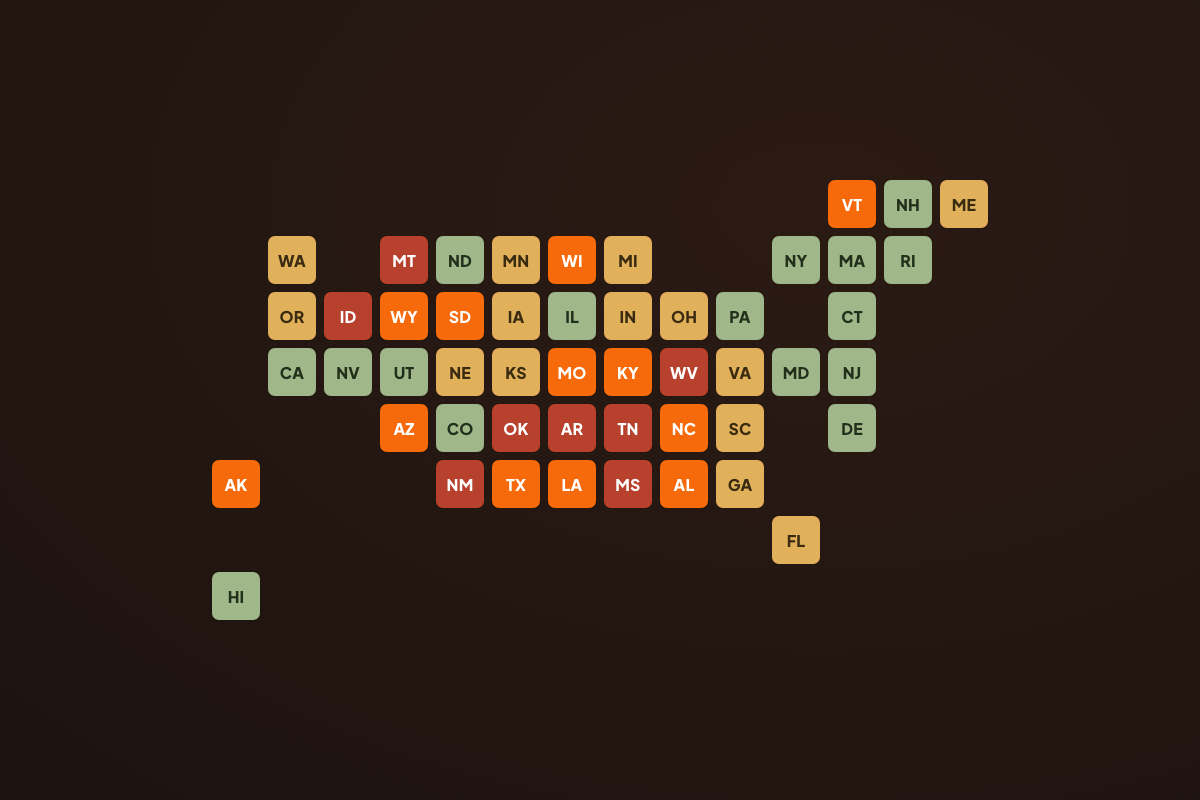 A US map shaded by animal-related death rate per state.