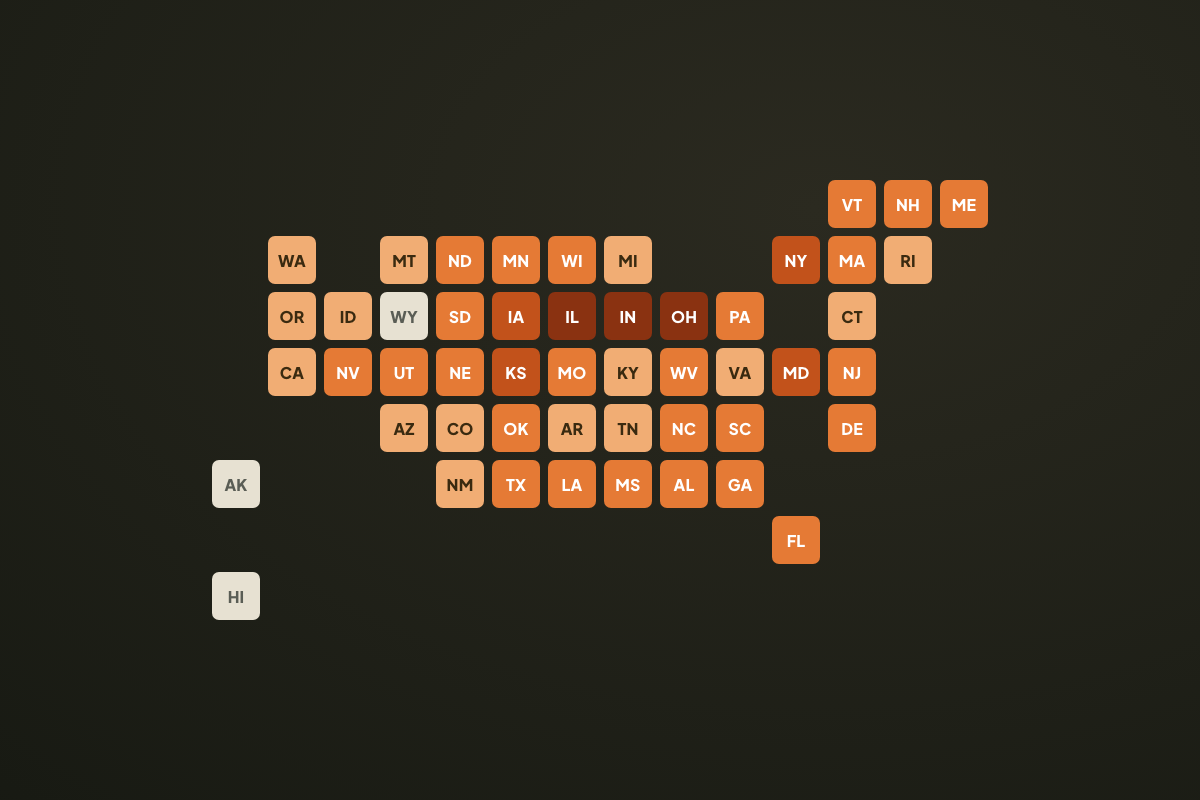 A US tile map shading each state by the number of native mammal species it has lost.