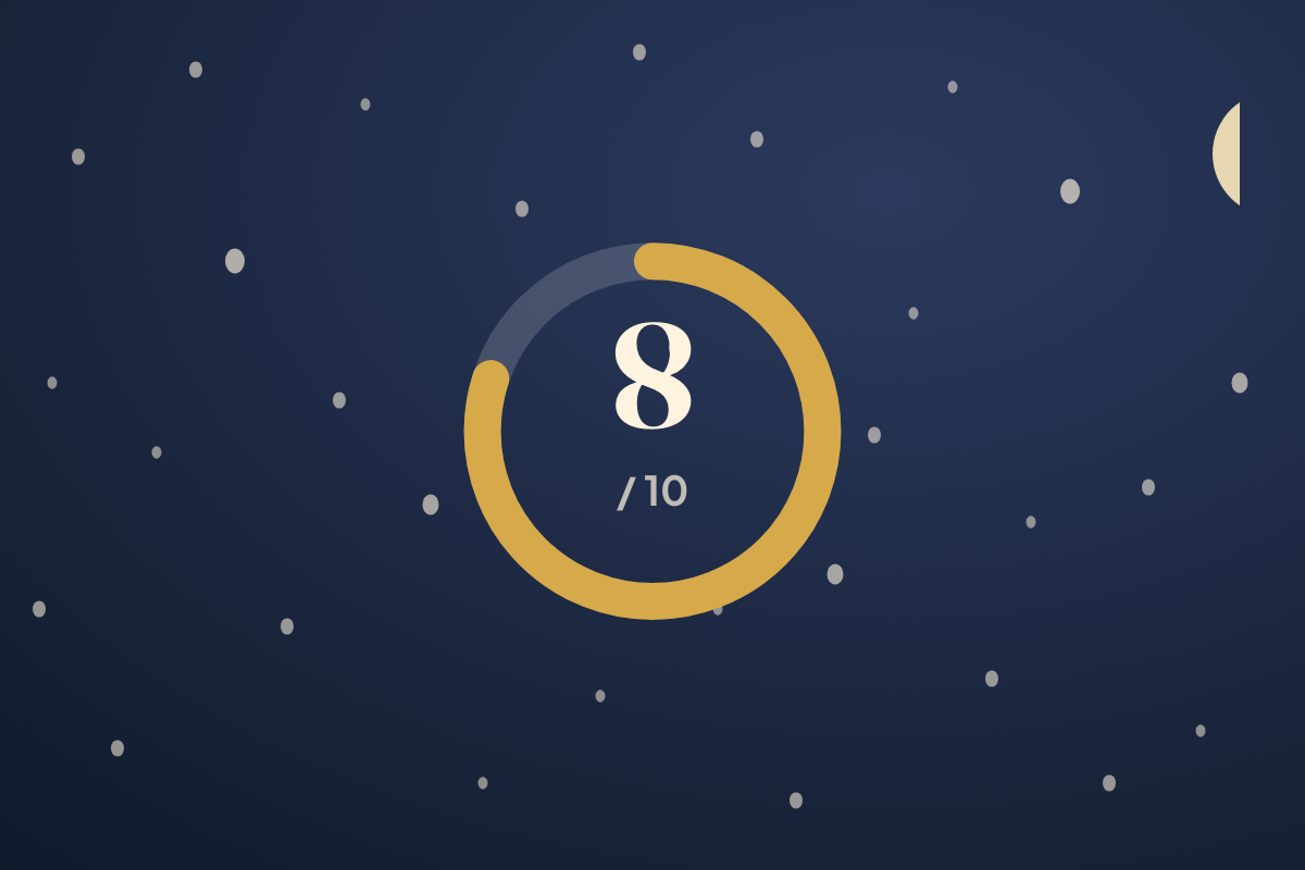 A moonlit dark sky with a live 0 to 10 night-sky score dial.