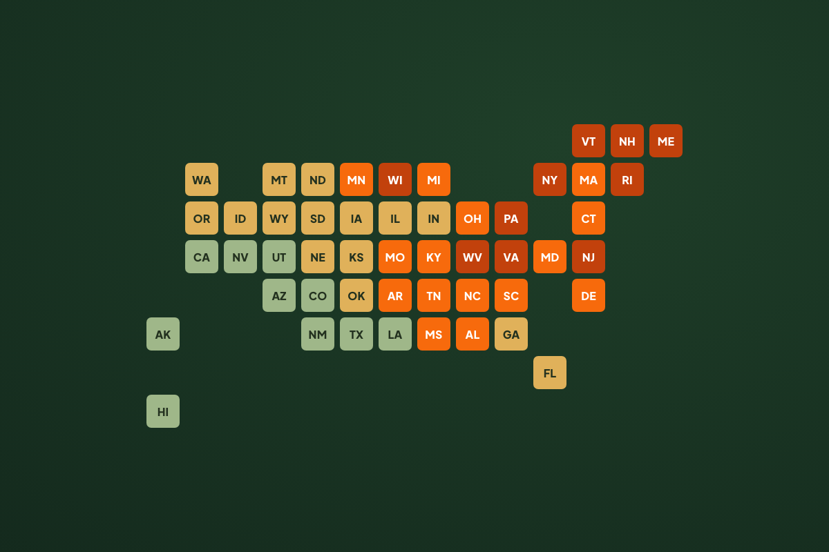 A 50-state tile map shaded from green (lower) to orange (highest tick exposure).