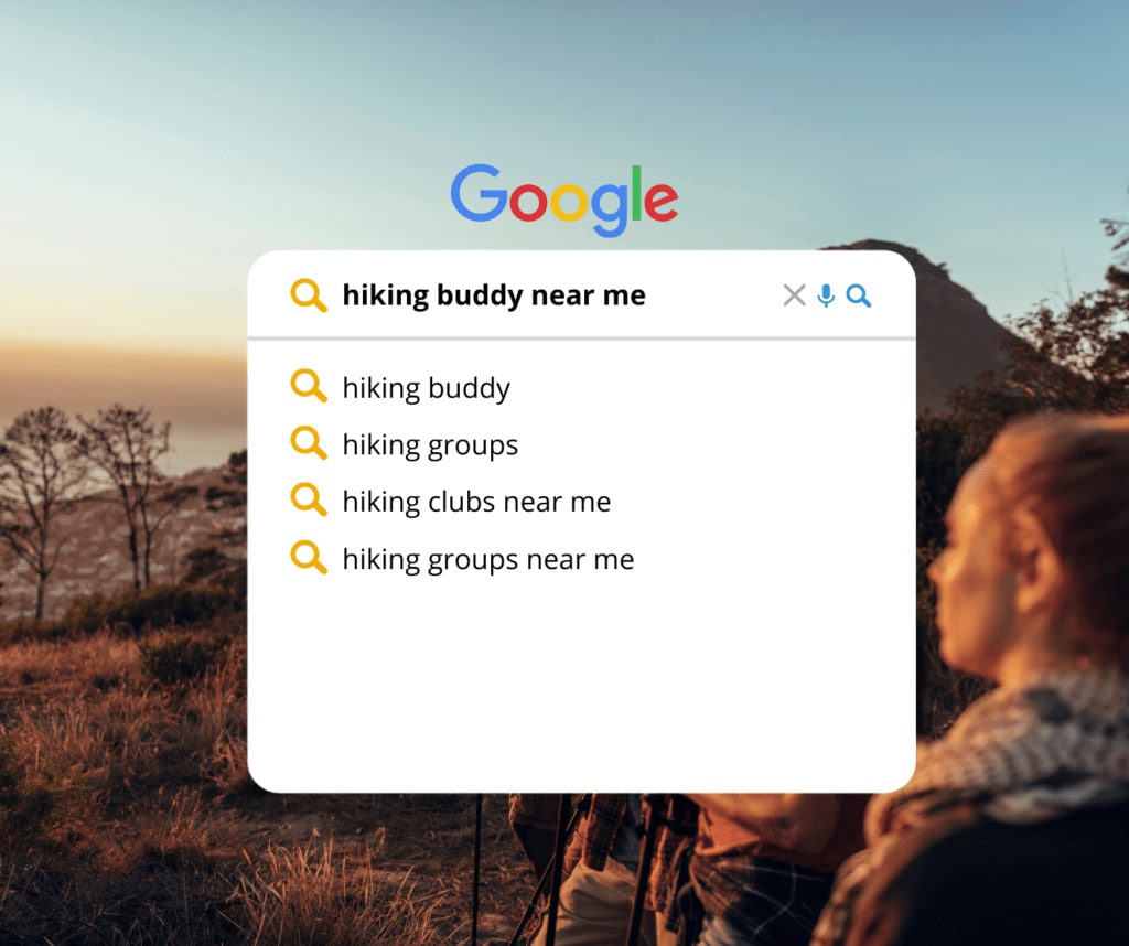 Google search bar searching about hiking buddy and hiking group 