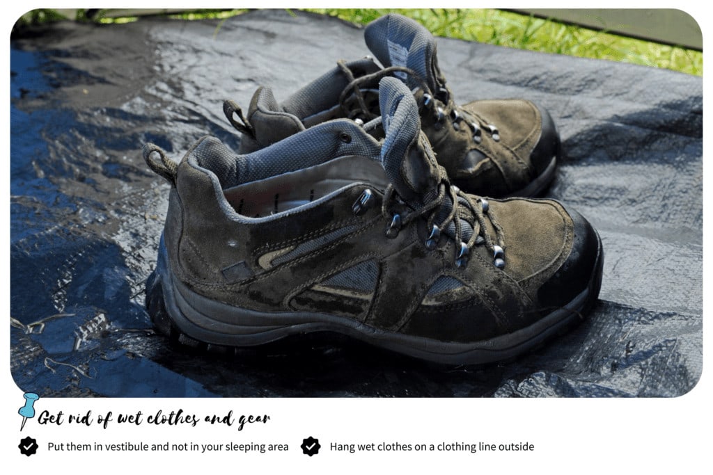 Wet camping shoes on a tent tarp
