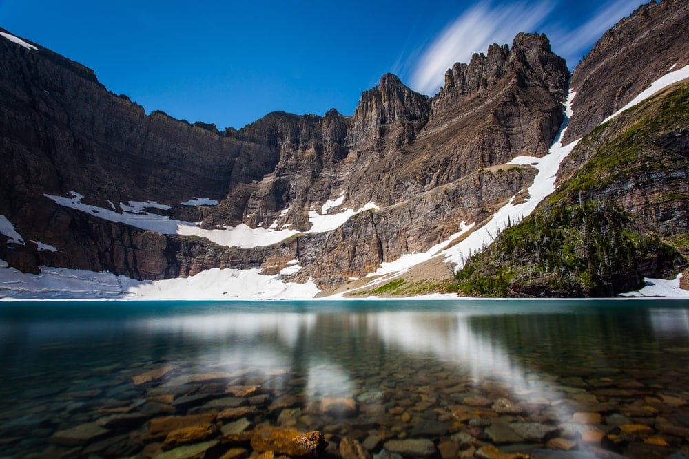 clear water of Iceberg lake in Glacier National park