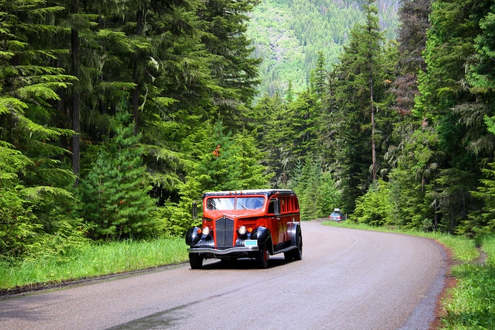 red bus along Glacier National Park