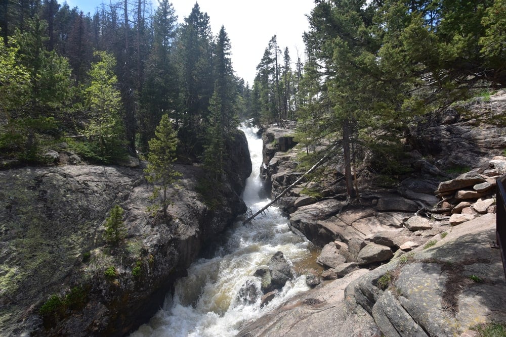 water rushing from Chasm falls to the Rocky Mountain National Park