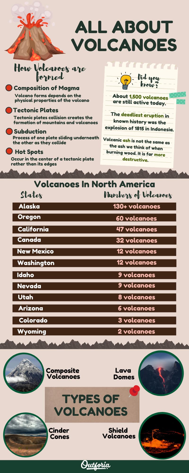 the 4  types of volcanoes infographic with facts and numbers of volcanoes per state