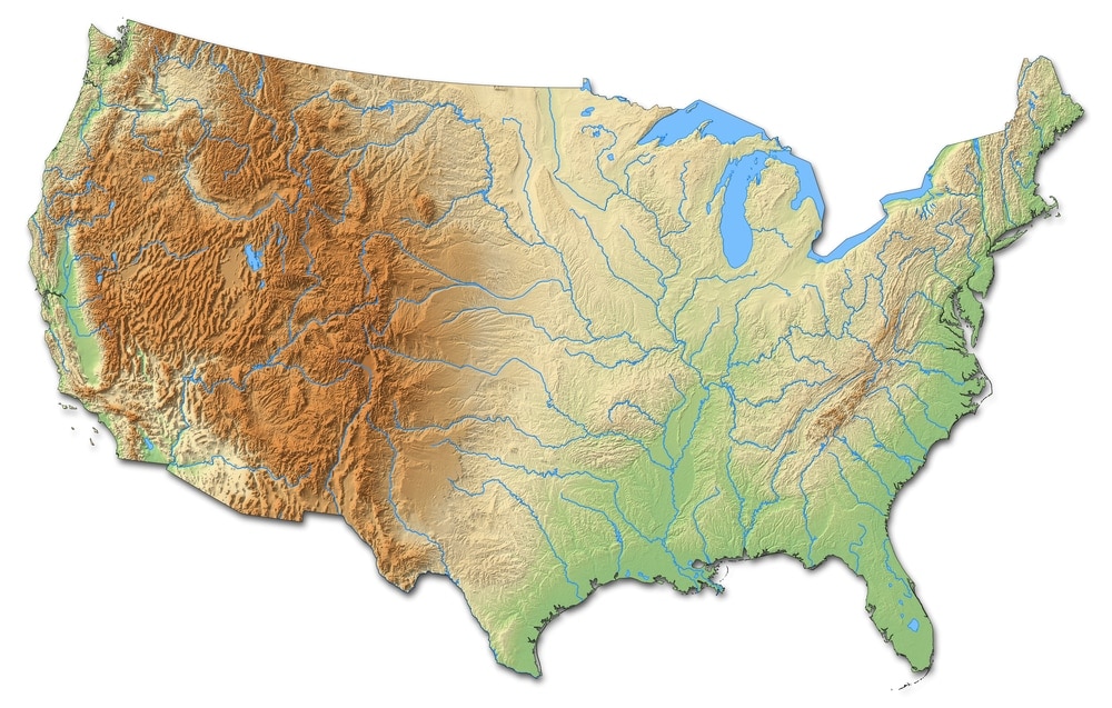 Relief map model of USA terrain