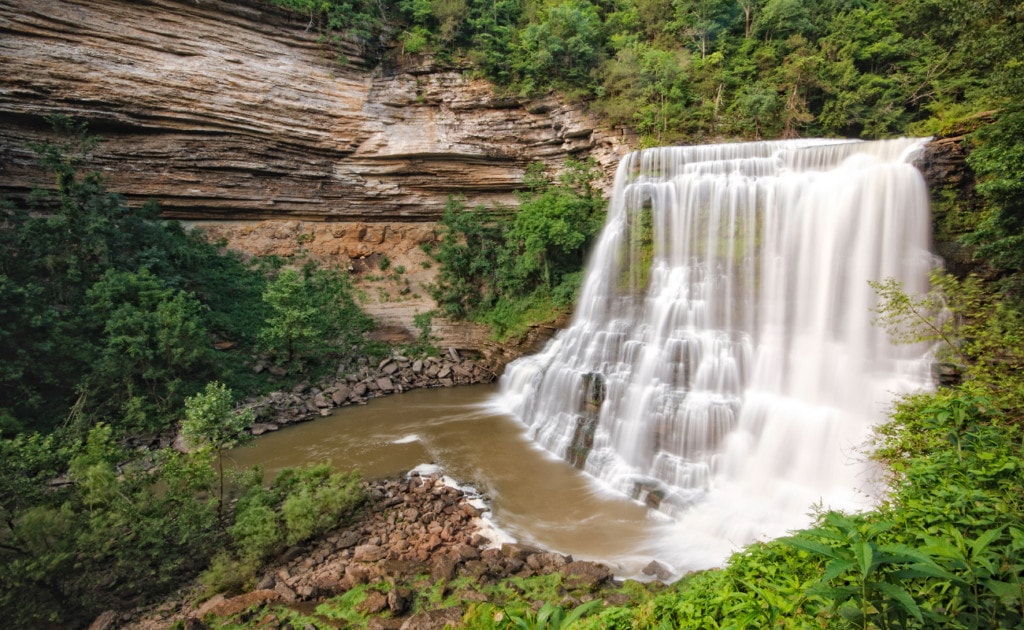 falling waters from the Burgess Falls a waterfalls in Tennessee USA