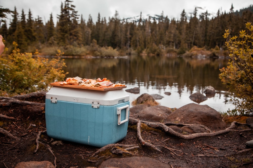 Cooler with food on top on the side of a river