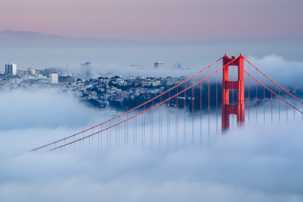 Golden Gate bridge at dusk surrounded by fog 