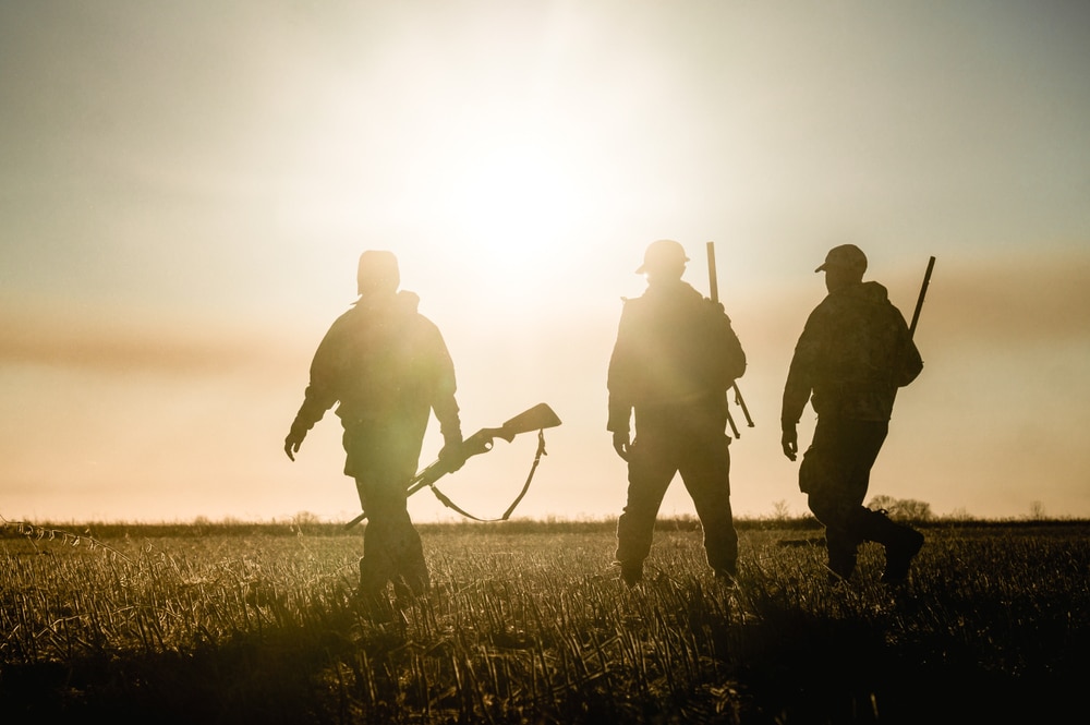 Three hunters on the background of the sunset are on the field