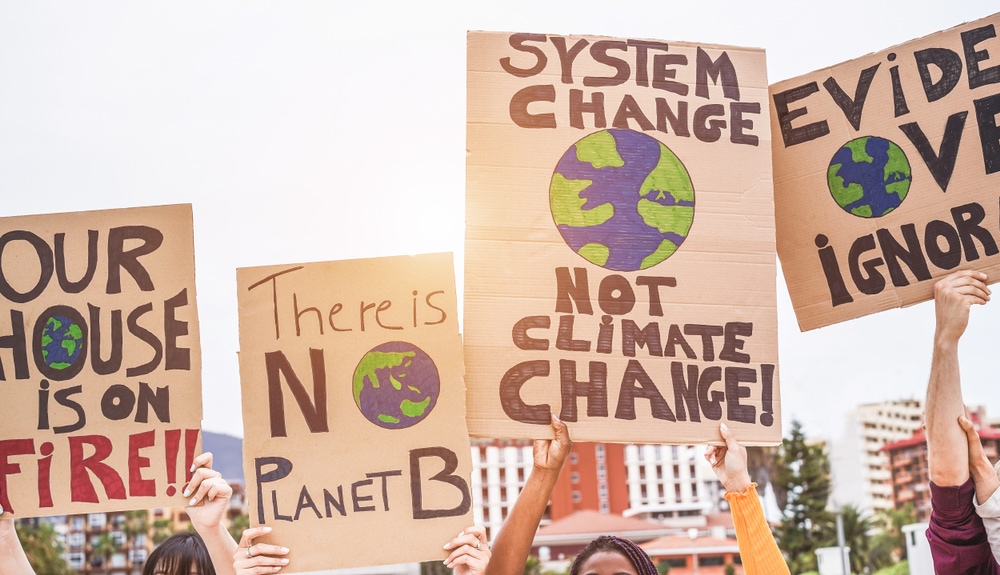 Global warming and environment concept banners from demonstrators