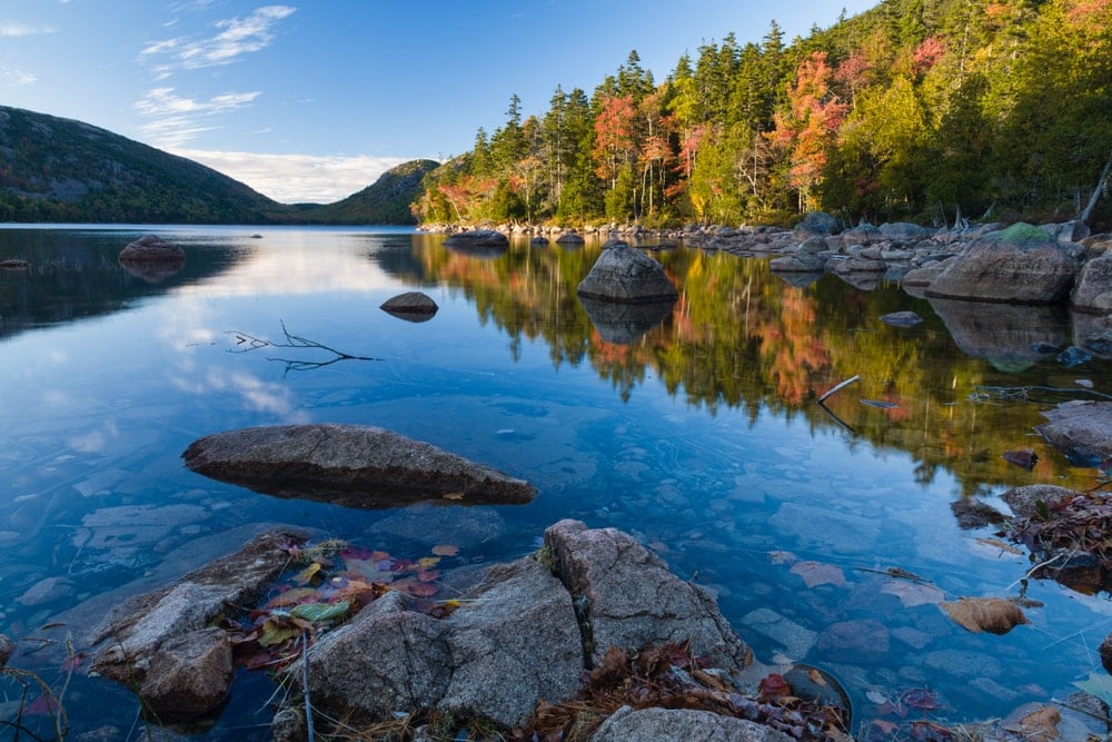 scenic view of the Jordan Pond in Acadia National Park during autumn