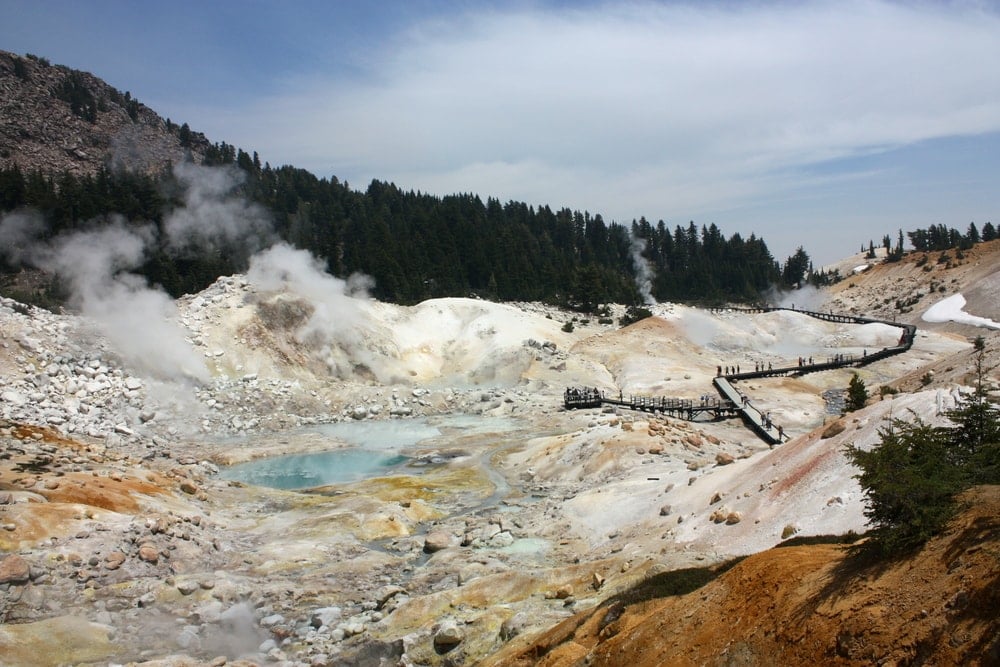Steams vents along the boardwalk in Bumpass Hell in Lassen Volcanic National Park in the US