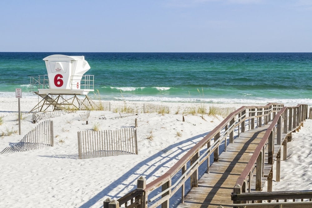 Boardwalk and lifeguard house number 6 at Pensacola Beach in Gulf Islands