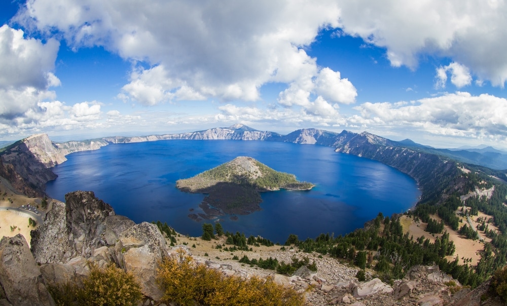 wide angle view of the Crater Lake National Park, Oregon, USA