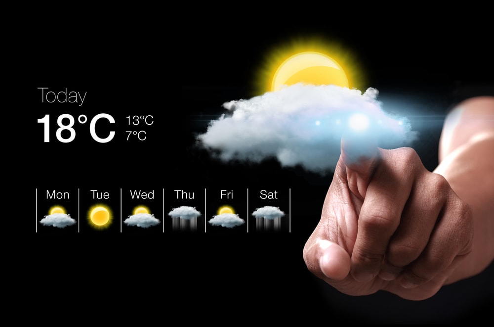 Hand pressing virtual weather icon.
