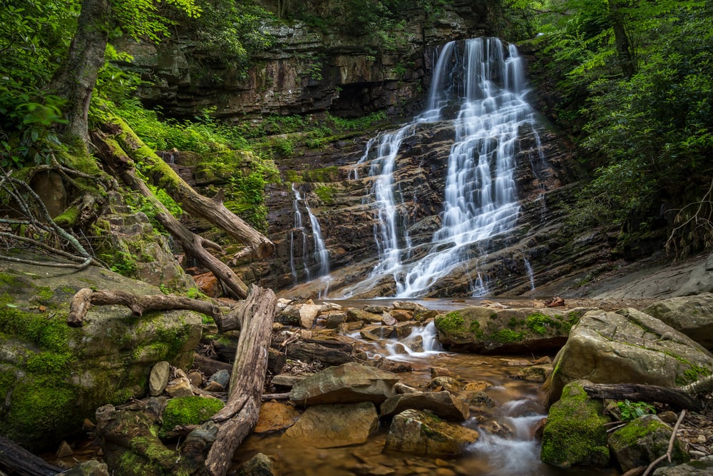 view of waterfalls in Tennessee, the Margarette Falls which is located in Cherokee National Forest
