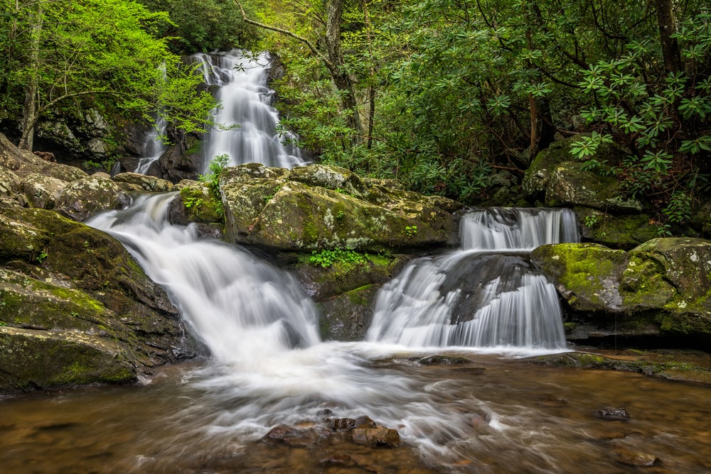 view of waterfalls in Tennessee, the Spruce Flats Falls in the Great Smoky Mountain National Park.