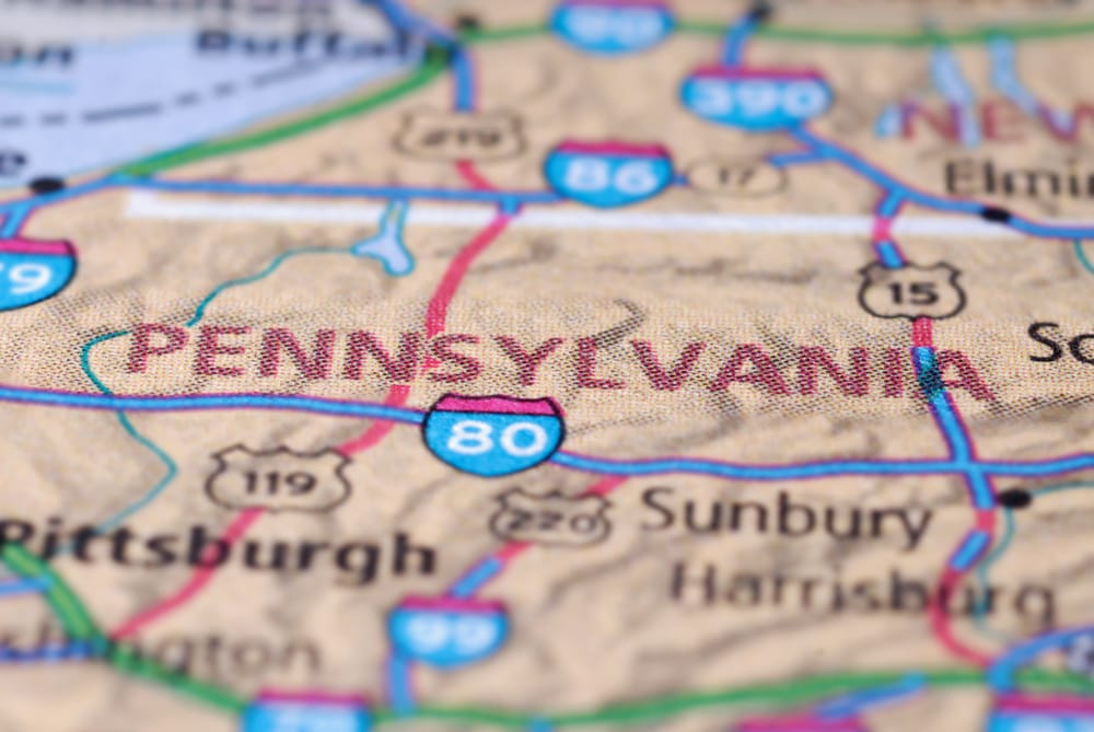close up of Pennsylvania on the Map