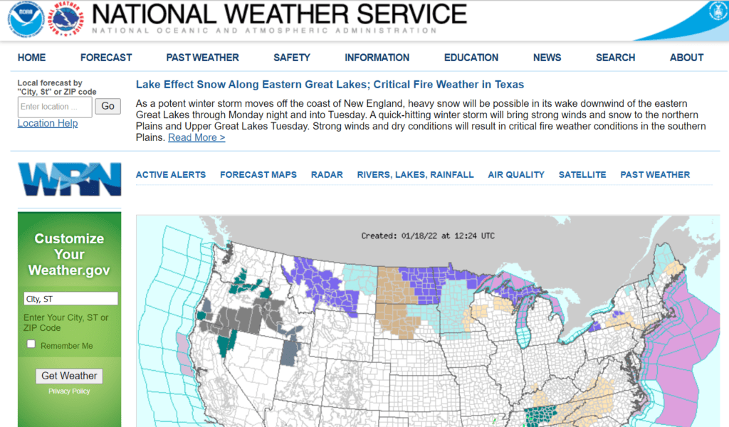 the website image of weather.gov