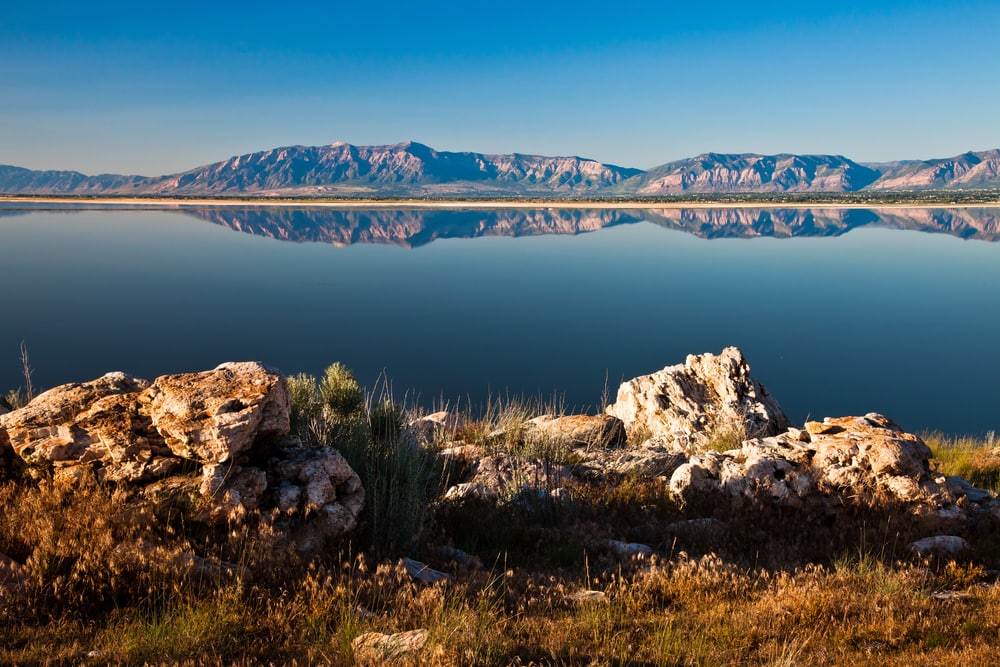 Great Salt Lake at Utah with mountains on background