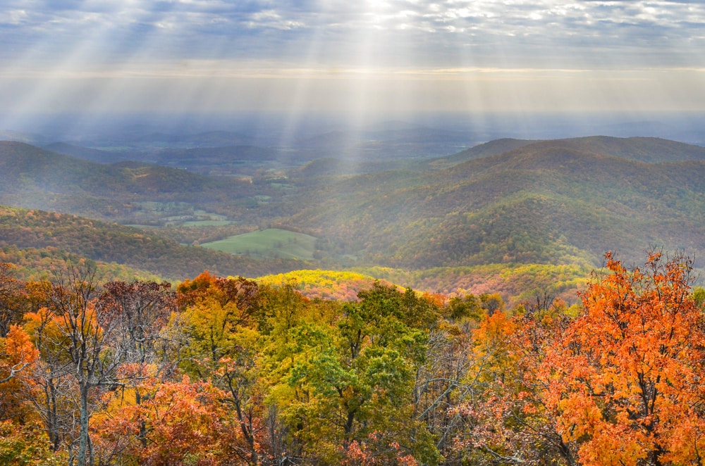 Shenandoah National Park in Virginia with rays of a sun