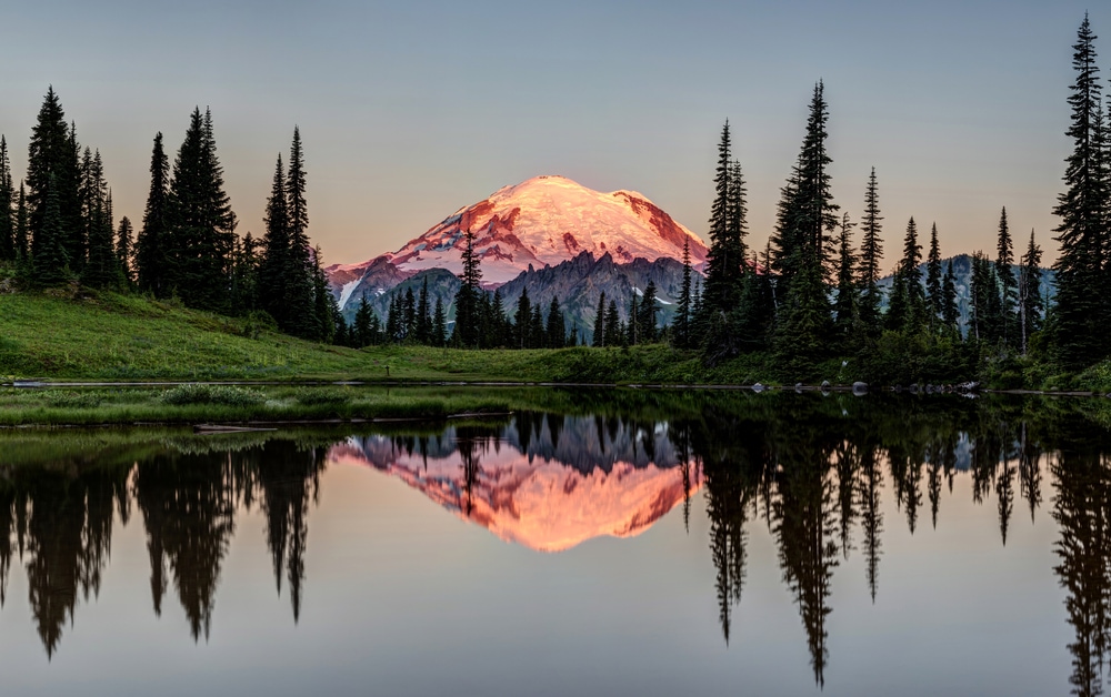 Mount Rainier in Washington with view of its river