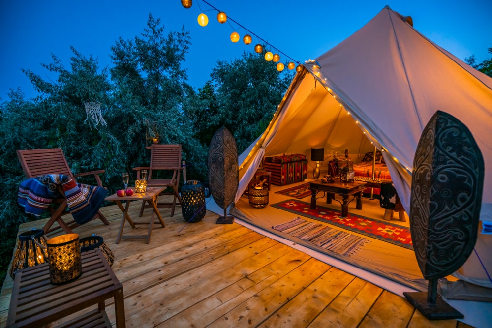 View of a glamping tent. Glamping is one of the camping styles and it is in between tent camping and cabin camping