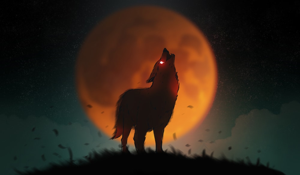 Painting of a coyote howling behind the red moon