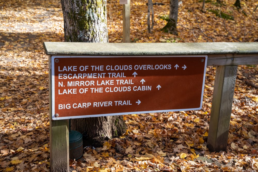 trailheads signs in the Porcupine Mountains Wilderness State Park in Michigan
