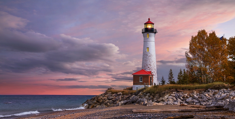 The Crisp Point Lighthouse at sunset on Lake Superior, Upper Peninsula, Michigan, USA