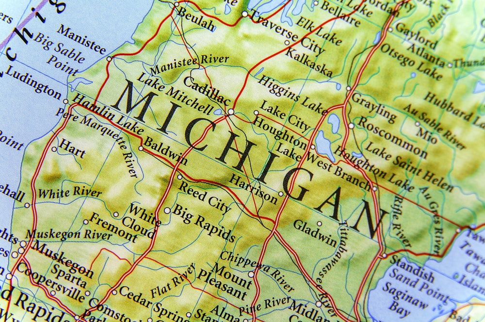 close up of geographic map of Michigan