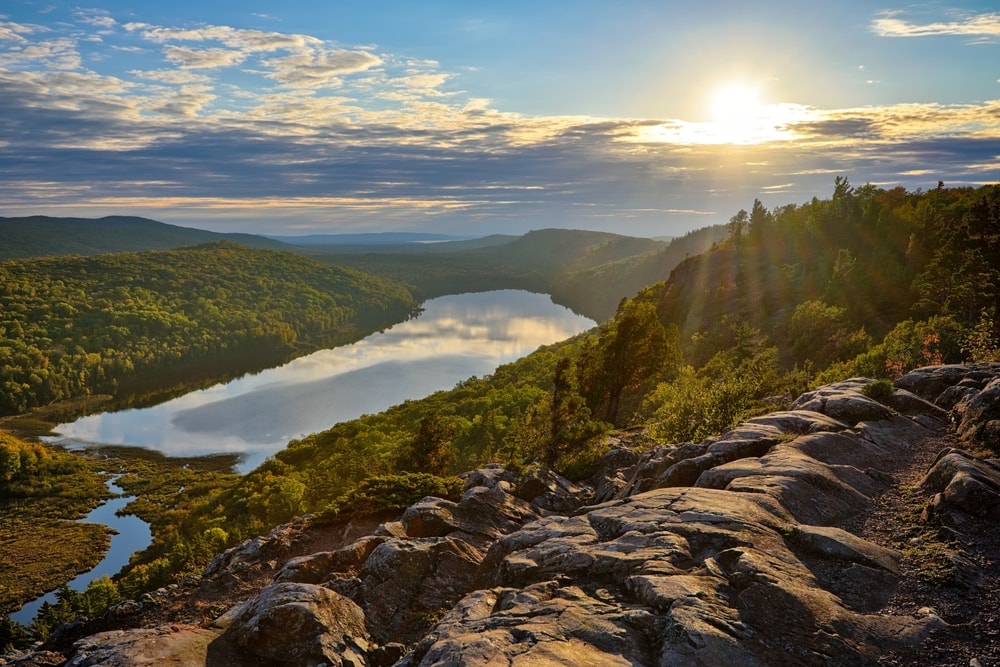 view of the Lake of the Clouds sunset at Porcupine Mountains State Park in Upper Michigan