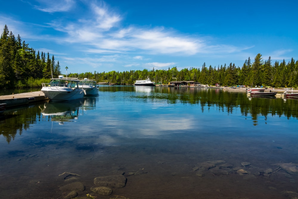 boats docked in Rock Harbor in Isle Royale National Park in Lake Superior off the coast of Copper Harbor, Michigan