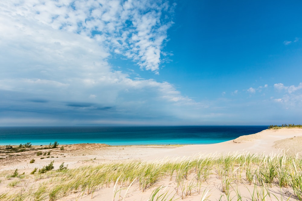 blue skys and the waters of Lake Michigan are the background at Sleeping Bear Dunes National Lakeshore