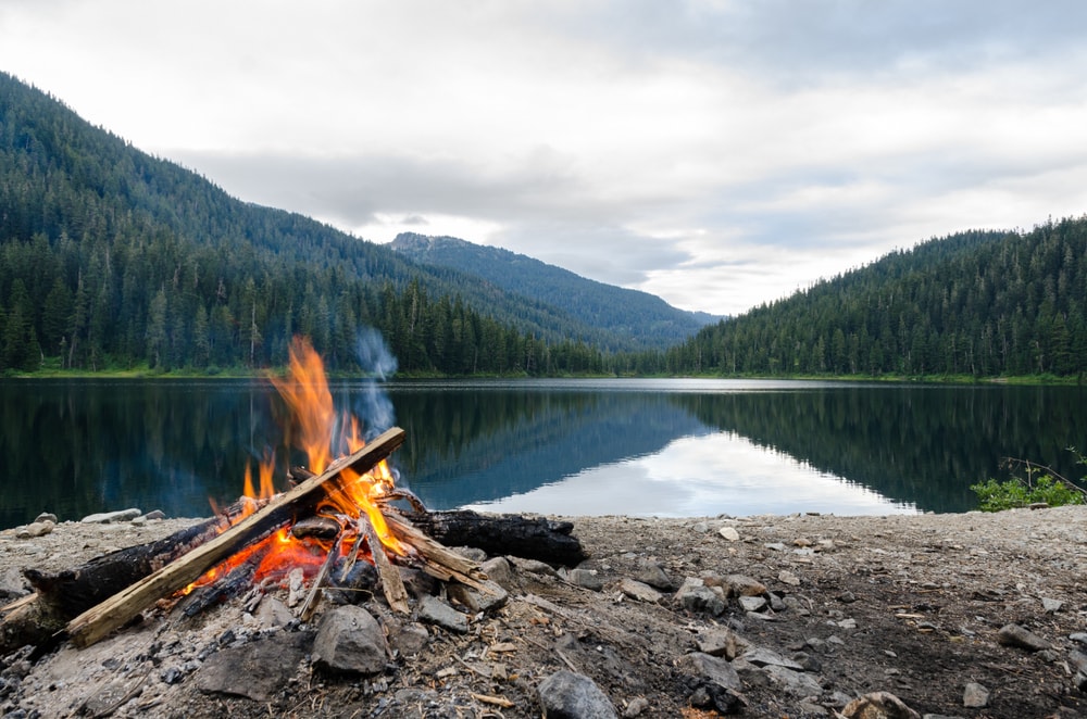 small campfire in lake and forest setting