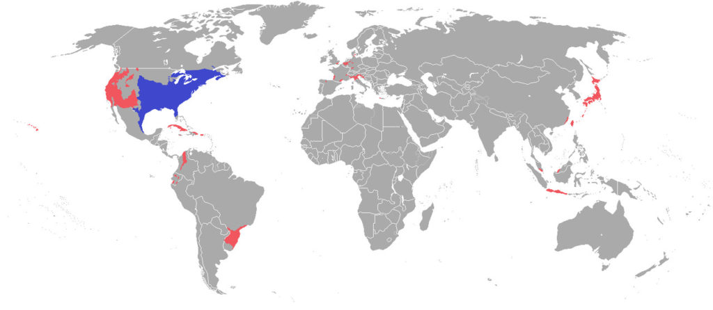 distribution map of the American bullfrog