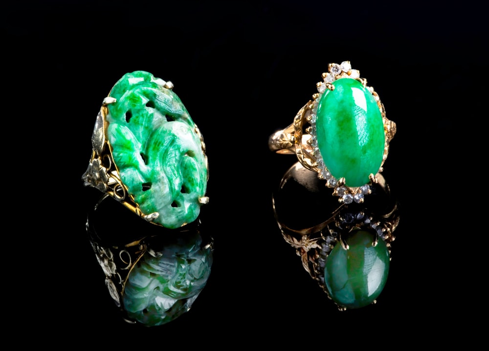 Burmese imperial gold rings with with green jadeite stones