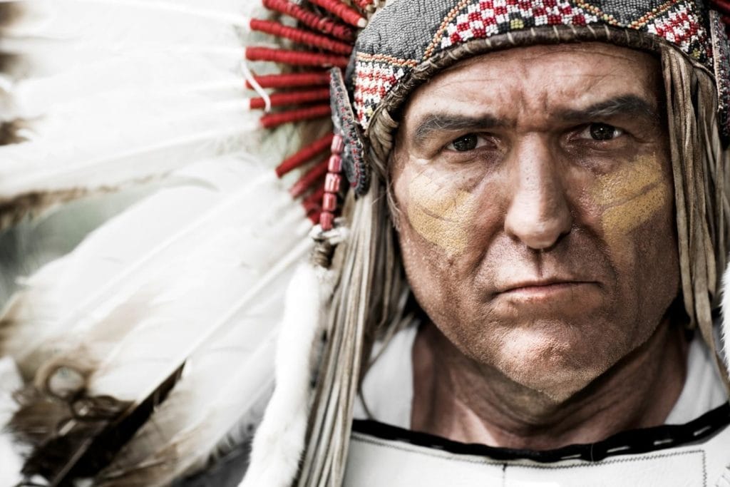 portait of a native American chief wearing a feathered headress