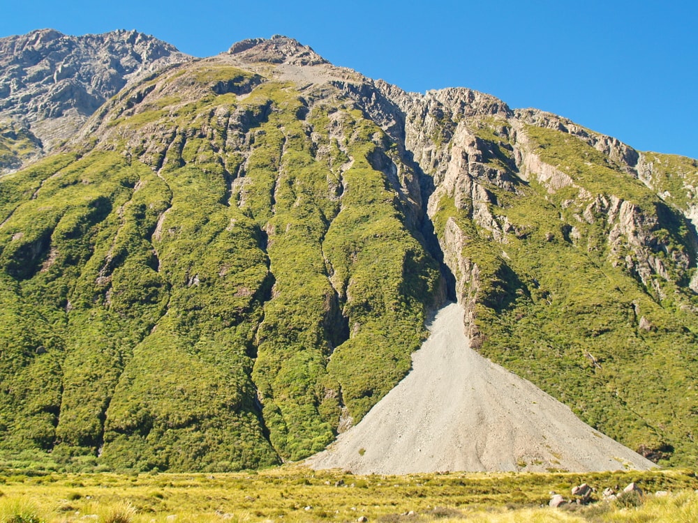 Alpine landscape in New Zealand showing the alluvial fan at the bottom of the mountain
