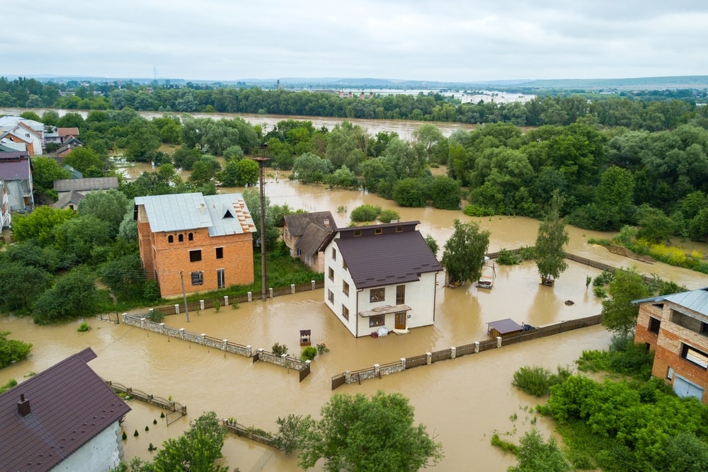 aerial view of flooded houses in Western Ukraine