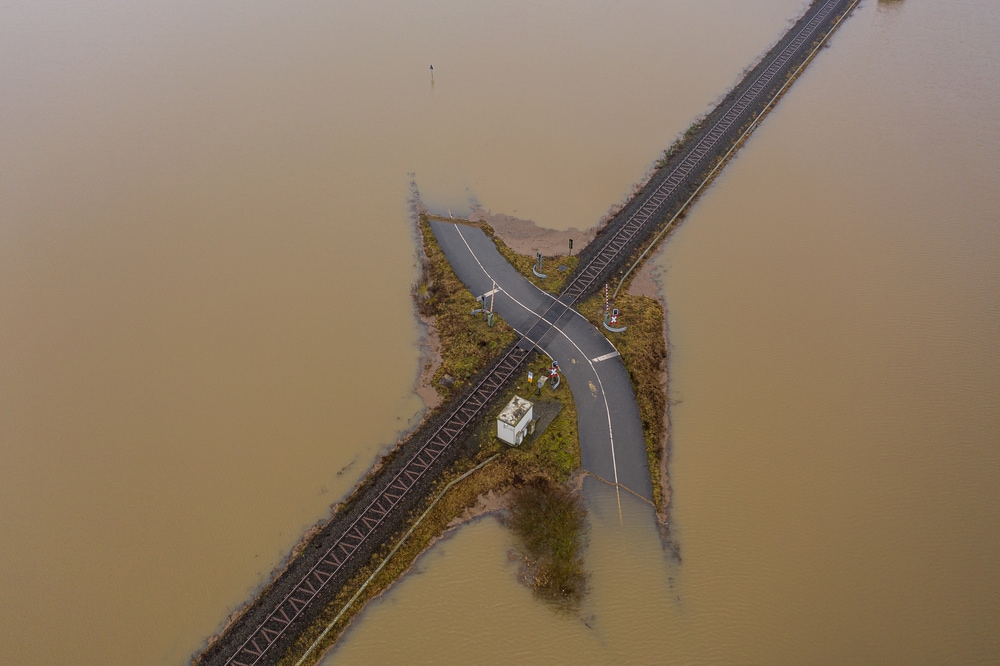 aerial view of roads flooded with water
