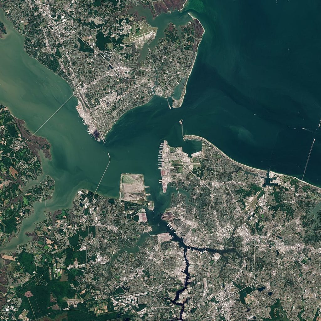 satellite view of the Hampton Roads in Virginia, USA