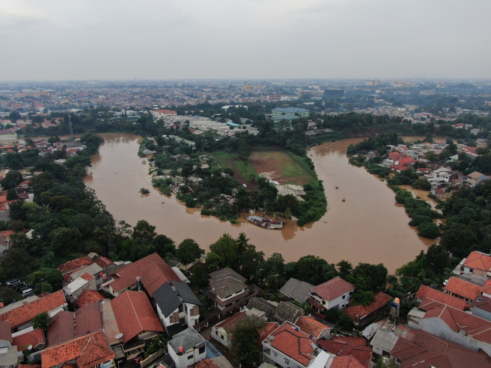 aerial drone view of the flooding in South Jakarta City, Indonesia