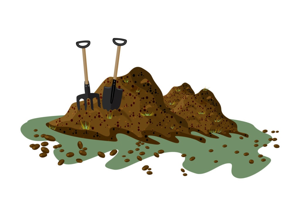 illustration of a pile of organic soil with shovel and hayfork
