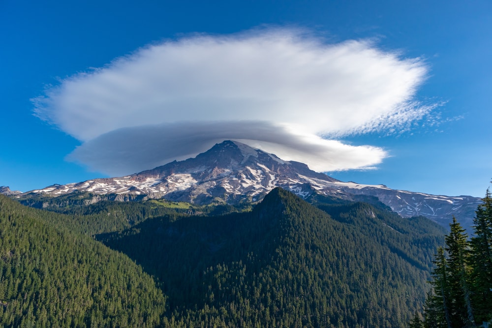 Lenticular Clouds covering the tip of a mountain